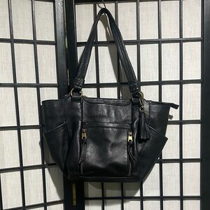 The Sak Collective Black Leather Shoulder Bag with Tassel LOTS Pockets EUC